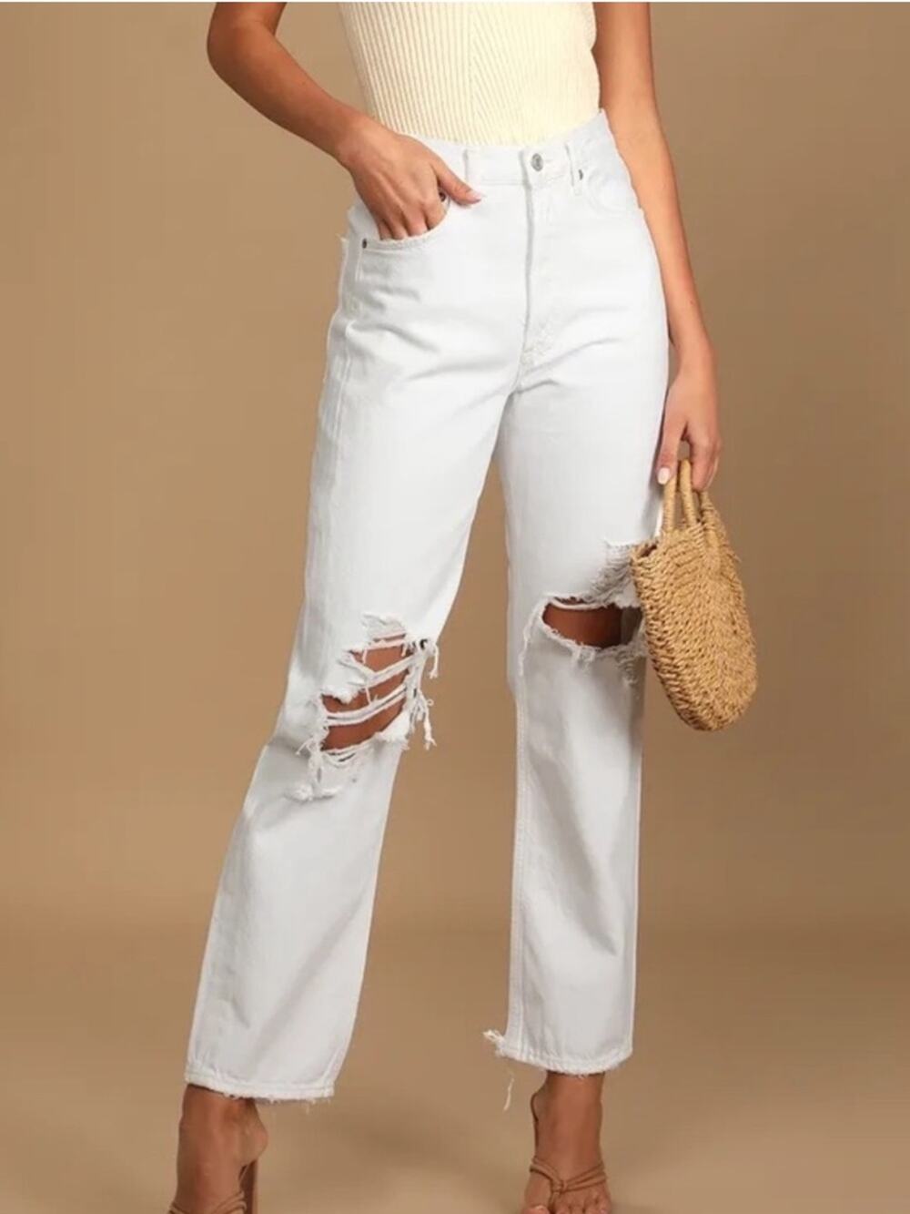 AGOLDE Women’s 90’s Straight Leg White Enamel Denim Distressed Button Fly Jeans